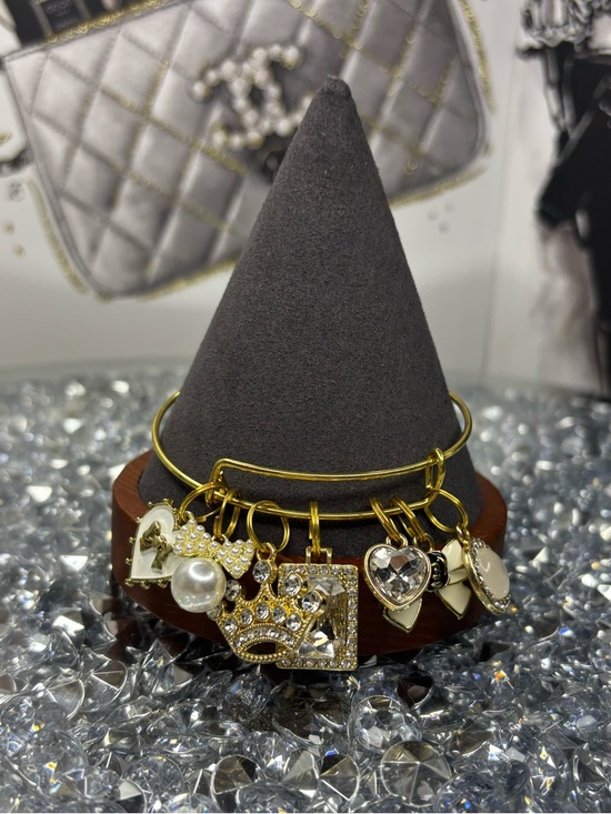 Jewelry - Gold Tone Charm Bangle Bracelet with Crystal & Pearl Accents